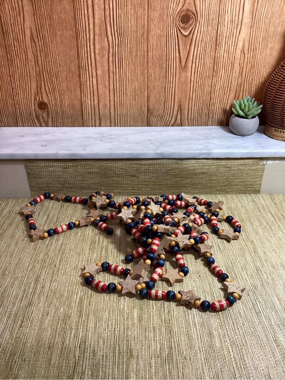 Vintage Patriotic All Wood Beaded Star Garland - Red, White, Blue, Natural 2 8ft